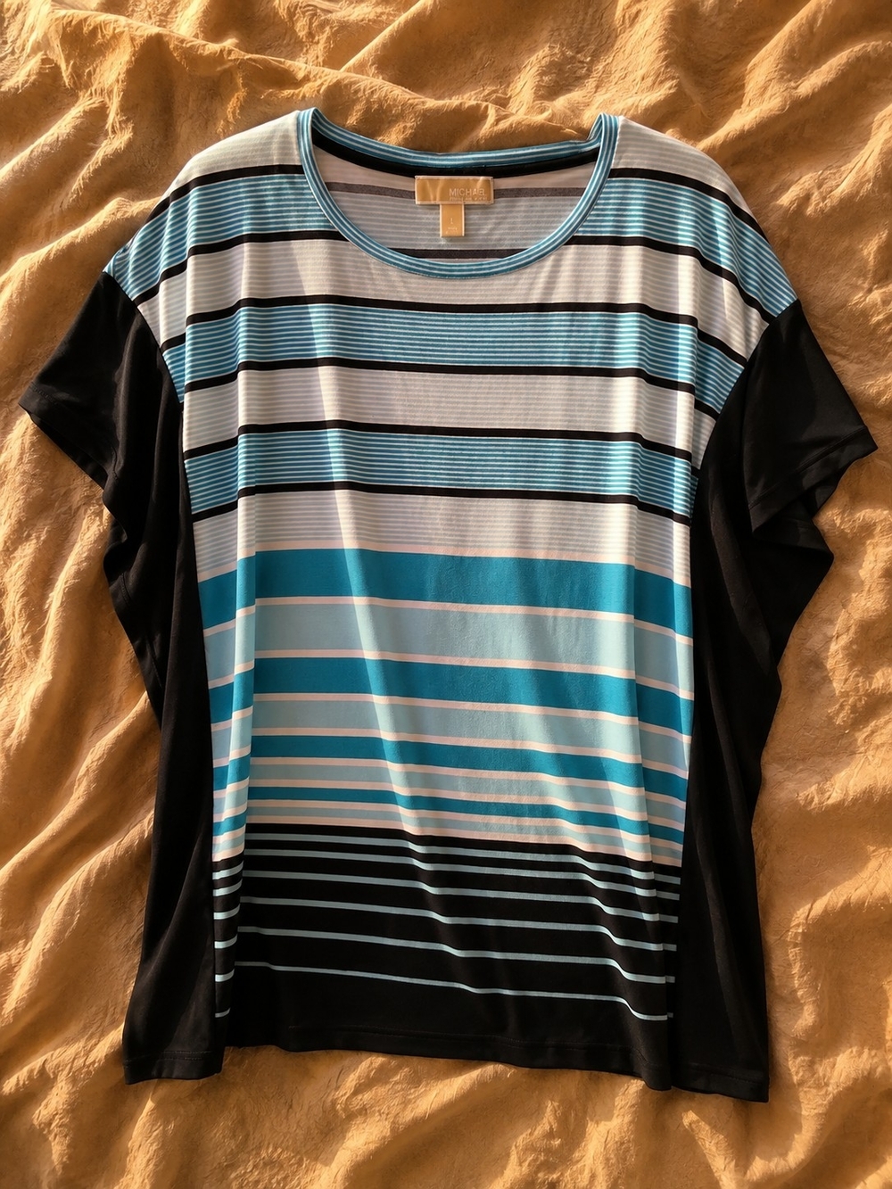 Michael Kors Black, White & Teal Striped Short Sleeve Tee